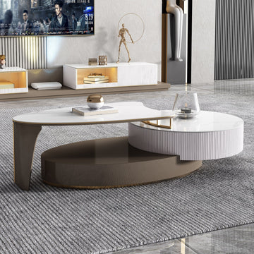 Modern Extendable Coffee Table with Storage Sintered Stone Top & Wood Frame